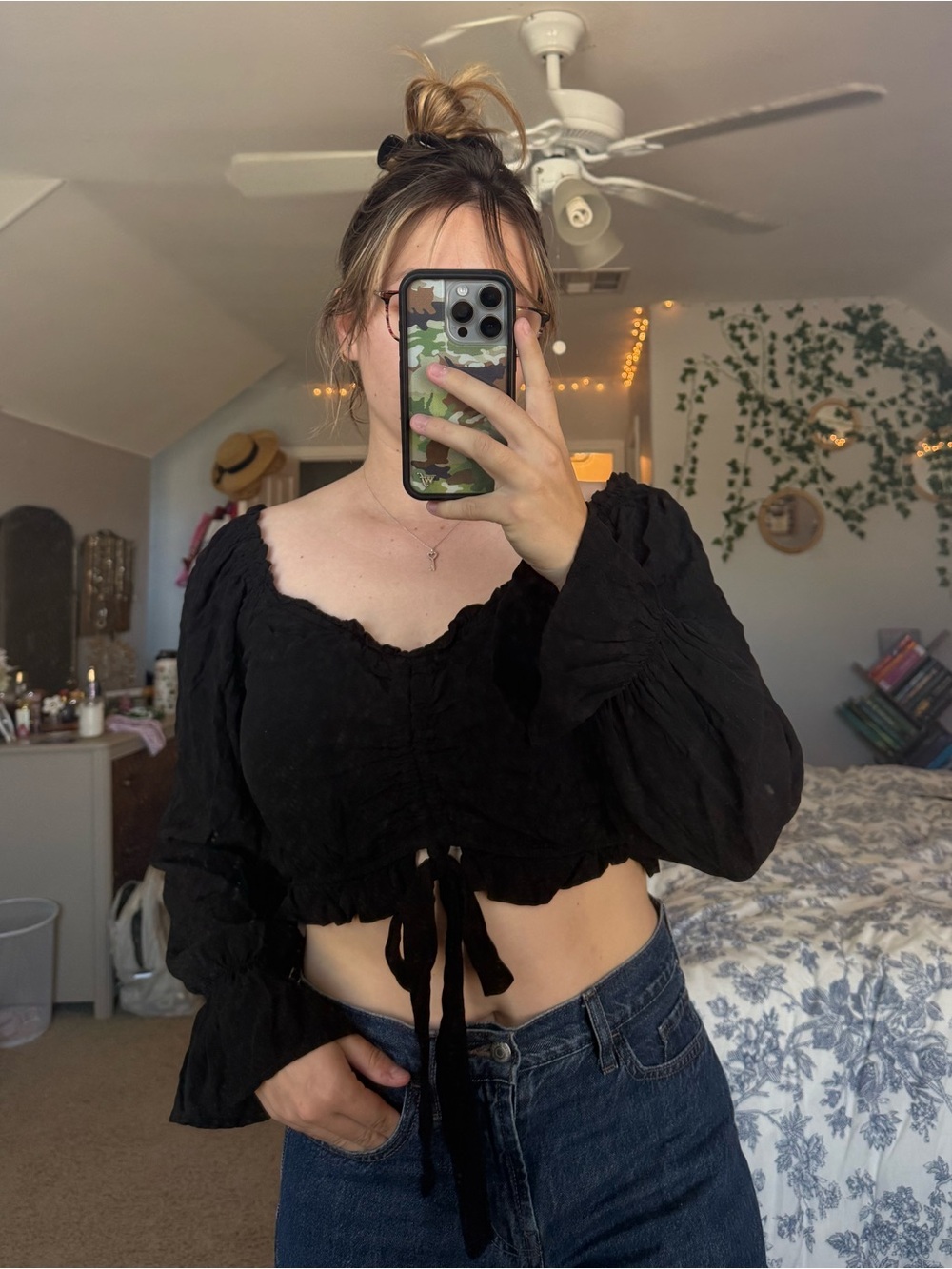 Black Smocked Cinched Tie-Front Long Sleeve Crop Top